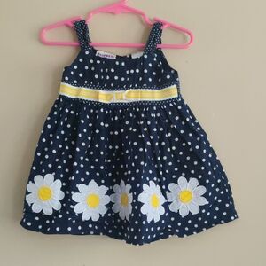 Blueberi Boulevard Navy Polka Dot Dress with Yellow Ribbon and Daisy Appliqués